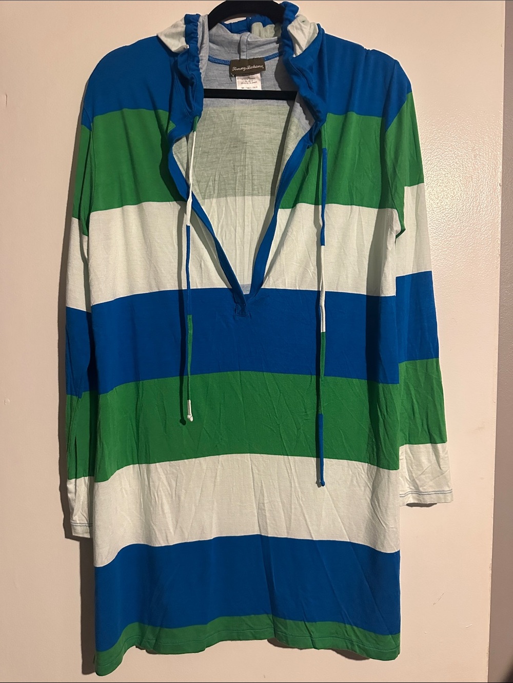 Tommy Bahama Blue, Green & White Striped Hooded Pullover Tunic